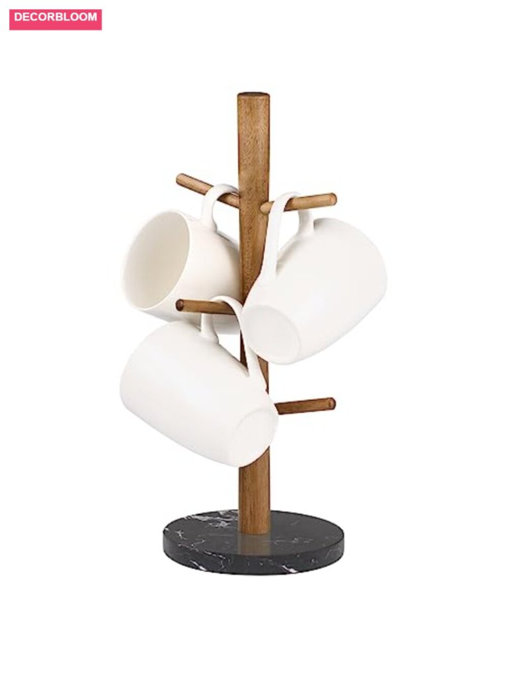 Buruis Mug Holder, Acacia Wood & Marble Base, 6 Hooks, Kitchen Countertop